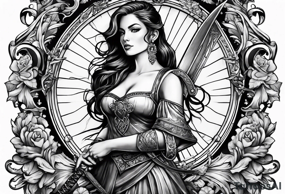 with a lady juctice emblem a sword and a scale tattoo idea