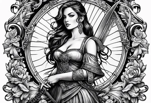 with a lady juctice emblem a sword and a scale tattoo idea