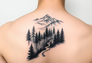 Winding path fading into misty forest, re-emerging toward distant mountains. Dark trees, bright peaks. Black and white, minimalist tattoo idea