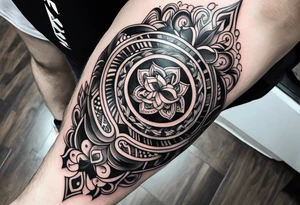 male forearm tribal tattoo with slavic ornaments, symbols and a black stripe 4 cm wide around the whole forearm tattoo idea