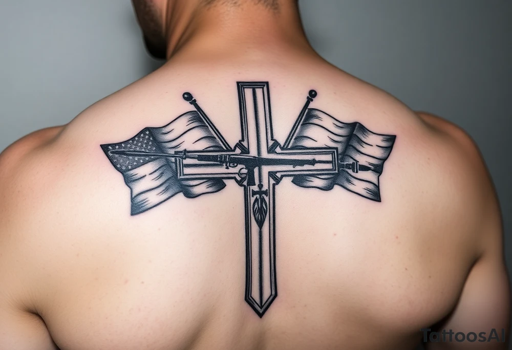 realistic military battlefield cross, with Navy and marine corps flags in the background tattoo idea
