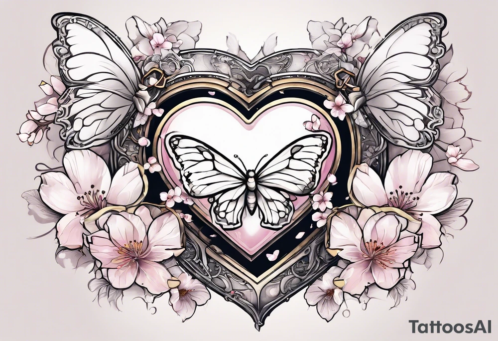 Cherry Blossom Tattoo with a key that unlocks a heart surrounded by white butterflies and in a golden aura tattoo idea
