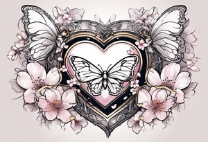 Cherry Blossom Tattoo with a key that unlocks a heart surrounded by white butterflies and in a golden aura tattoo idea