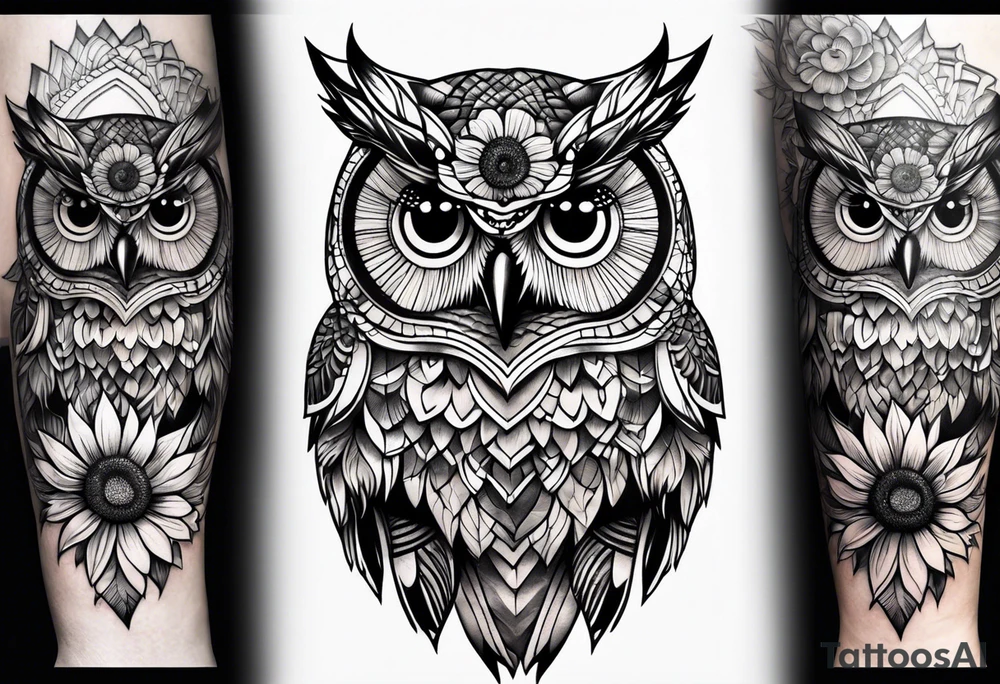 Owl and sunflowers quarter leg sleeves tattoo idea