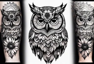 Owl and sunflowers quarter leg sleeves tattoo idea