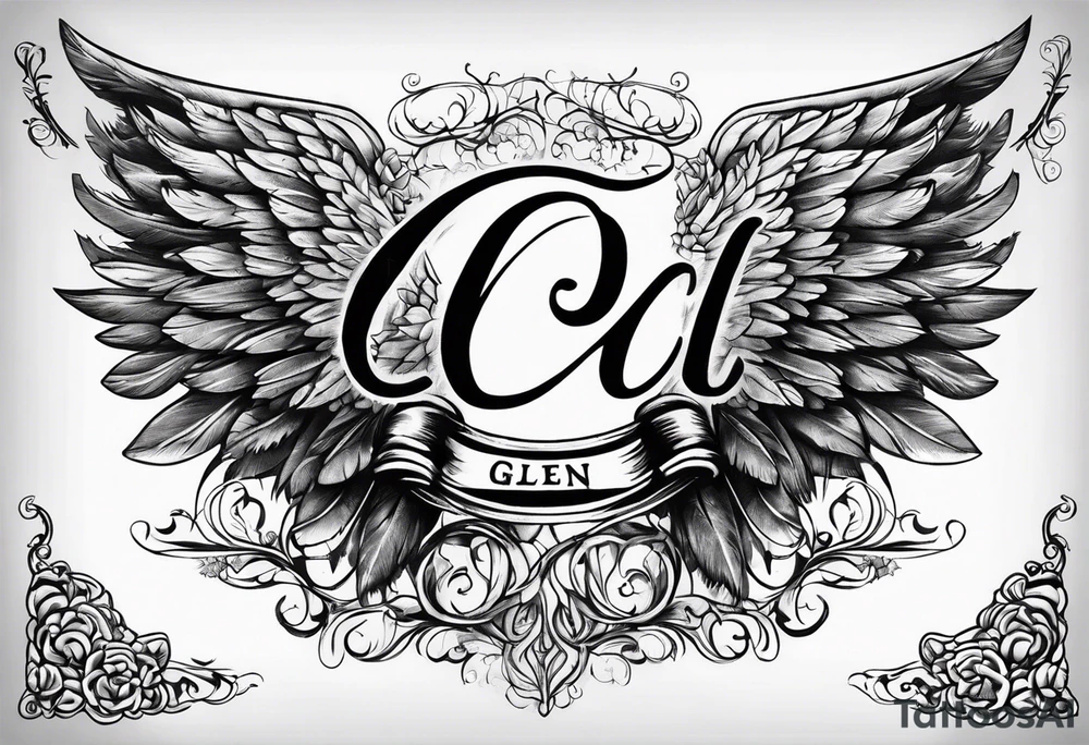 The word Glenn on a banner with angel Wings tattoo idea