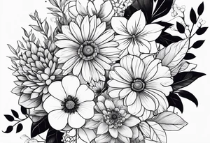 Flower Bouquet on outer upper arm with fill in around it tattoo idea