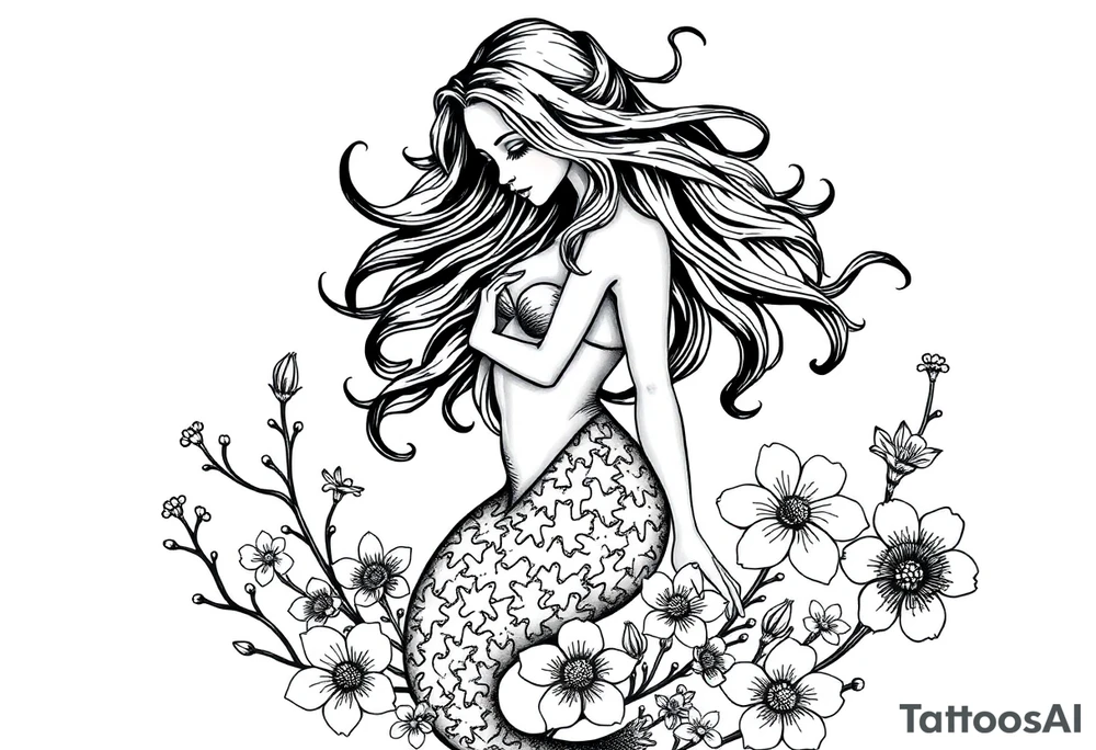 ethereal mermaid with flowing hair among coral and sea flowers tattoo idea