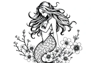 ethereal mermaid with flowing hair among coral and sea flowers tattoo idea