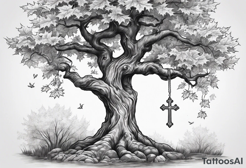 A maple tree with a cross as the trunk. tattoo idea