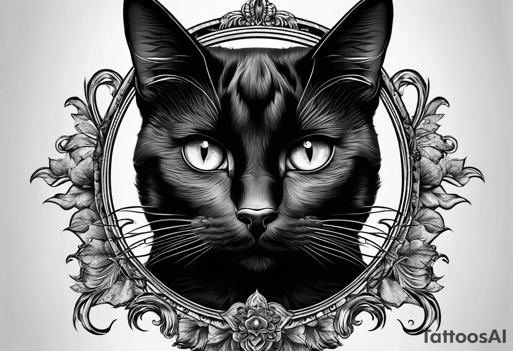 Photo realistic black cat head only facing forward add moon tattoo idea