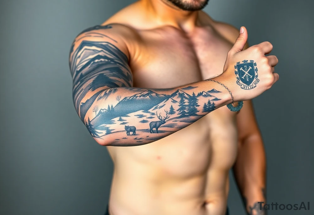 A full-sleeve with the Härjedalen landscape, reindeer, bear, lakes, mountains (Helags), cross and Härjedalen's coat of arms on the hand tattoo idea