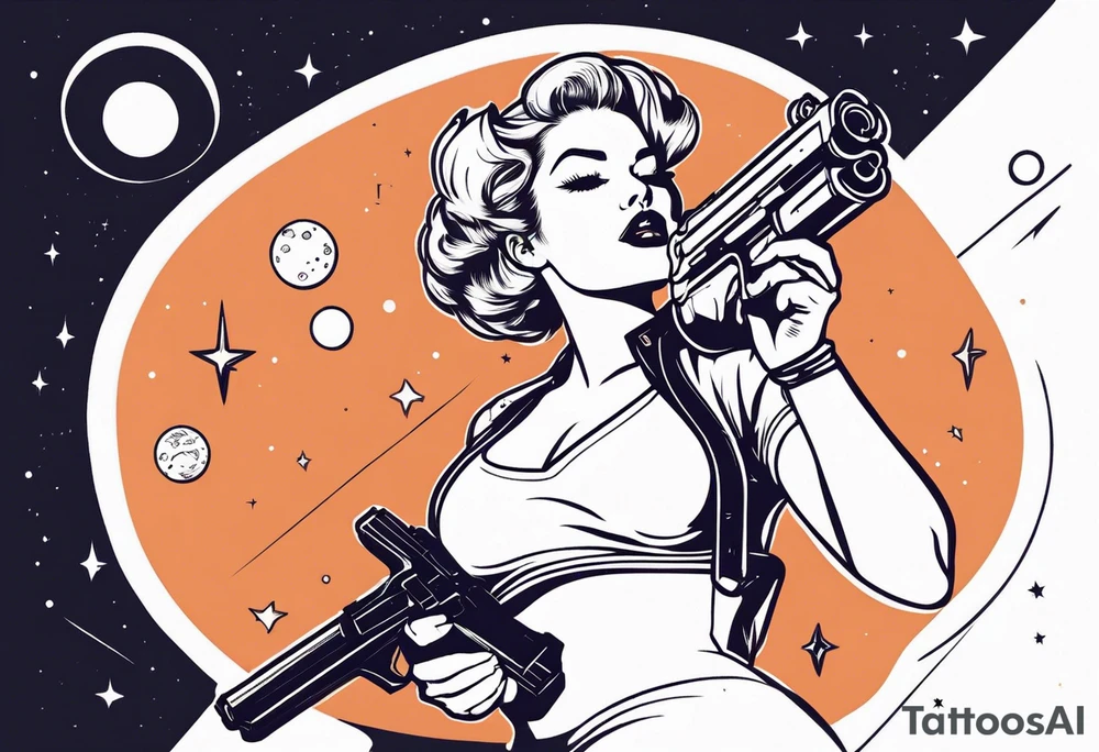 Pinup woman holding laser gun in space tattoo idea