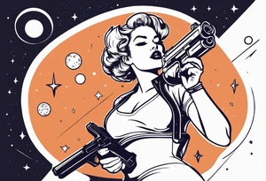 Pinup woman holding laser gun in space tattoo idea