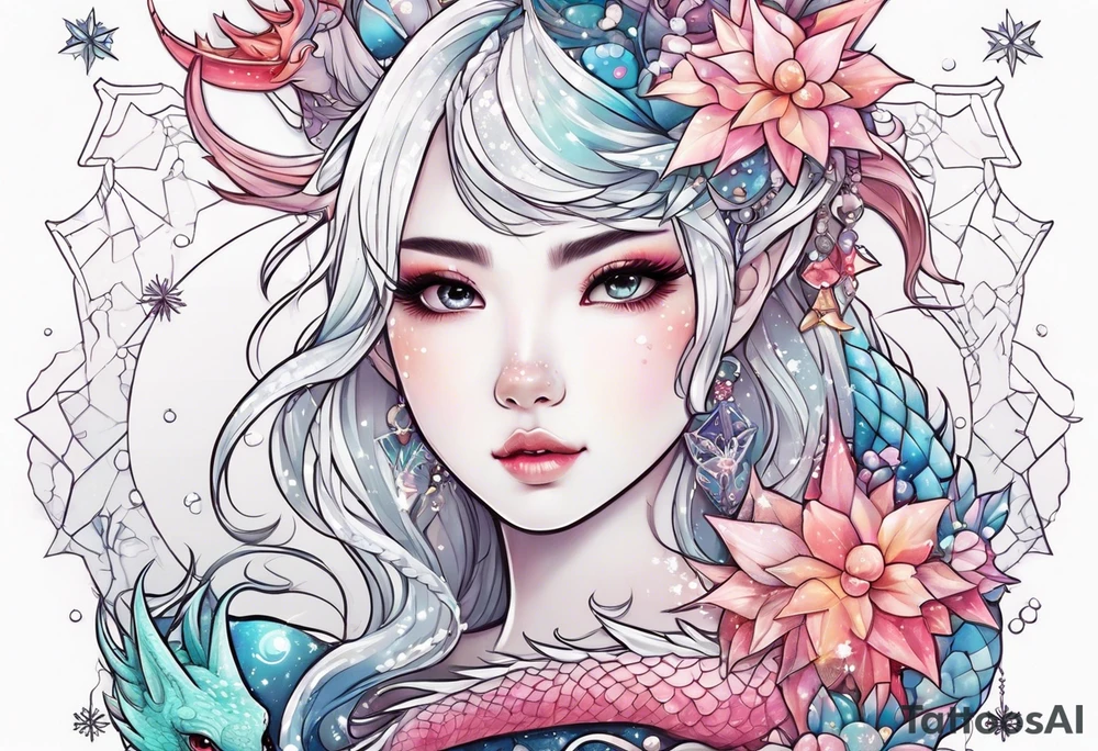 Constellation, dragon kawaii girl, snowflake tattoo idea
