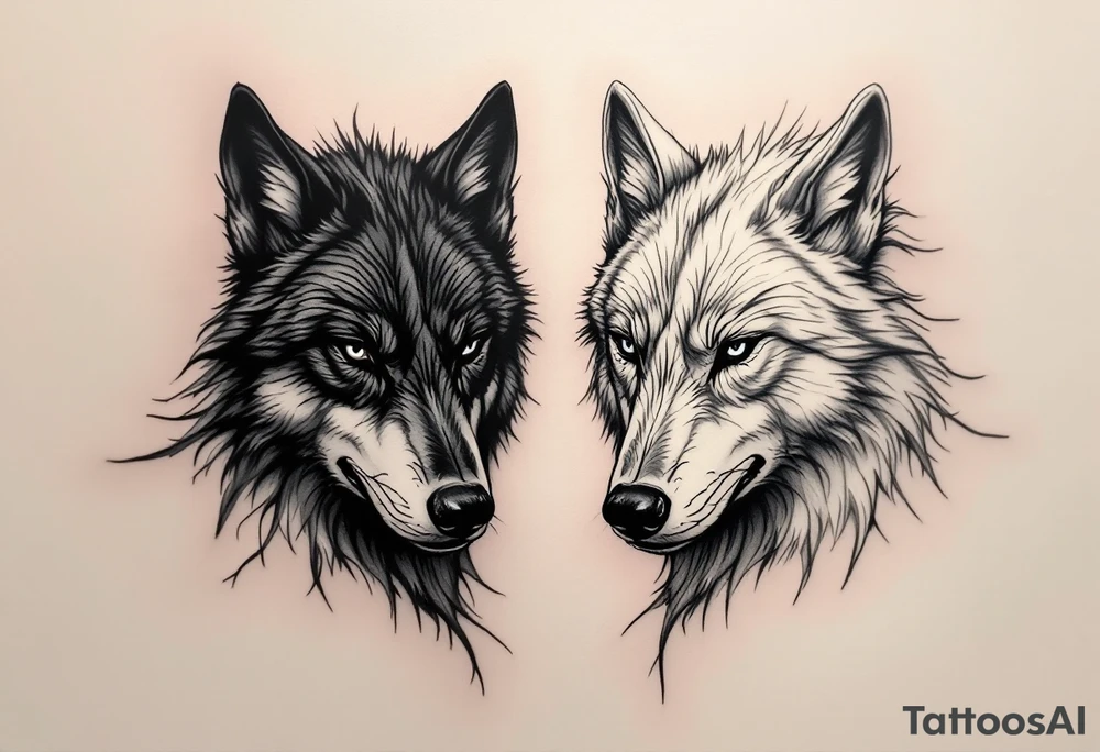 Black wolf face and a white wolf face side by side tattoo idea