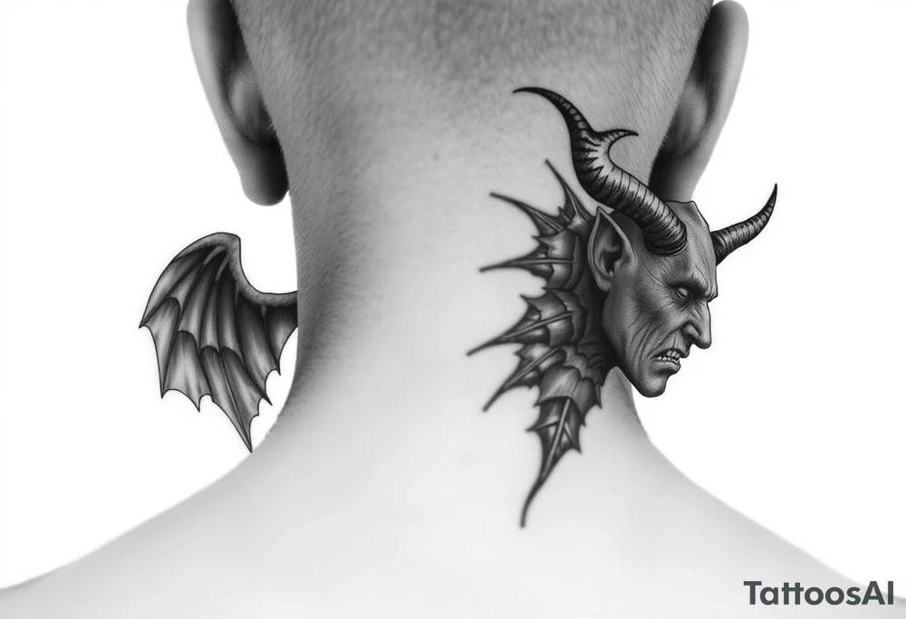 position behind the neck Angel (on the right) whispering in the right ear, demon (on the left) whispering in the left ear. It must be as realistic as possible. tattoo idea