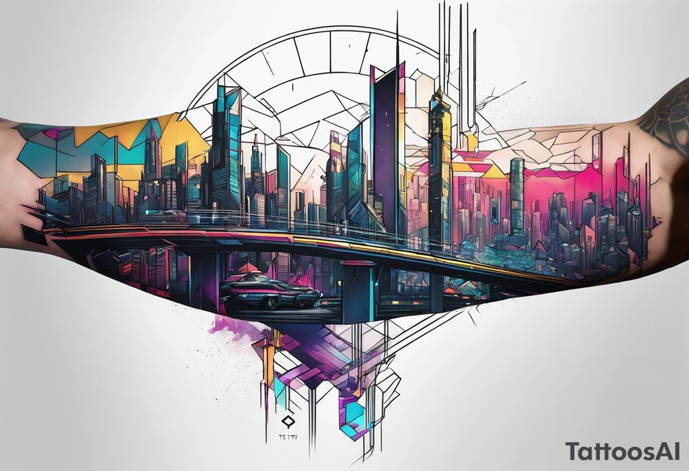 cyberpunk 2077, forearm tattoo, geometric, subtle, men, city skyline tattoo idea