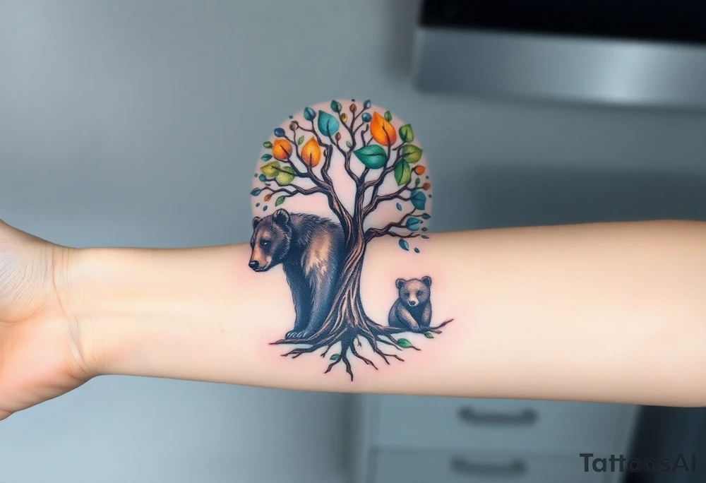 Tree of life one adult bear and one baby bear tattoo idea