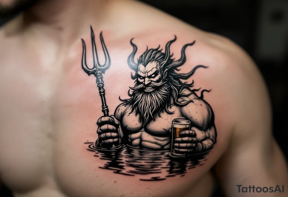 smiling poseidon, with a trident, in calm water, holding a beer tattoo idea