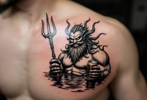 smiling poseidon, with a trident, in calm water, holding a beer tattoo idea
