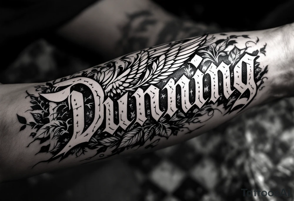 Dunning,on left forearm details include angel wing, greek type of font,jungle leaves , tiger claw scratch tattoo idea