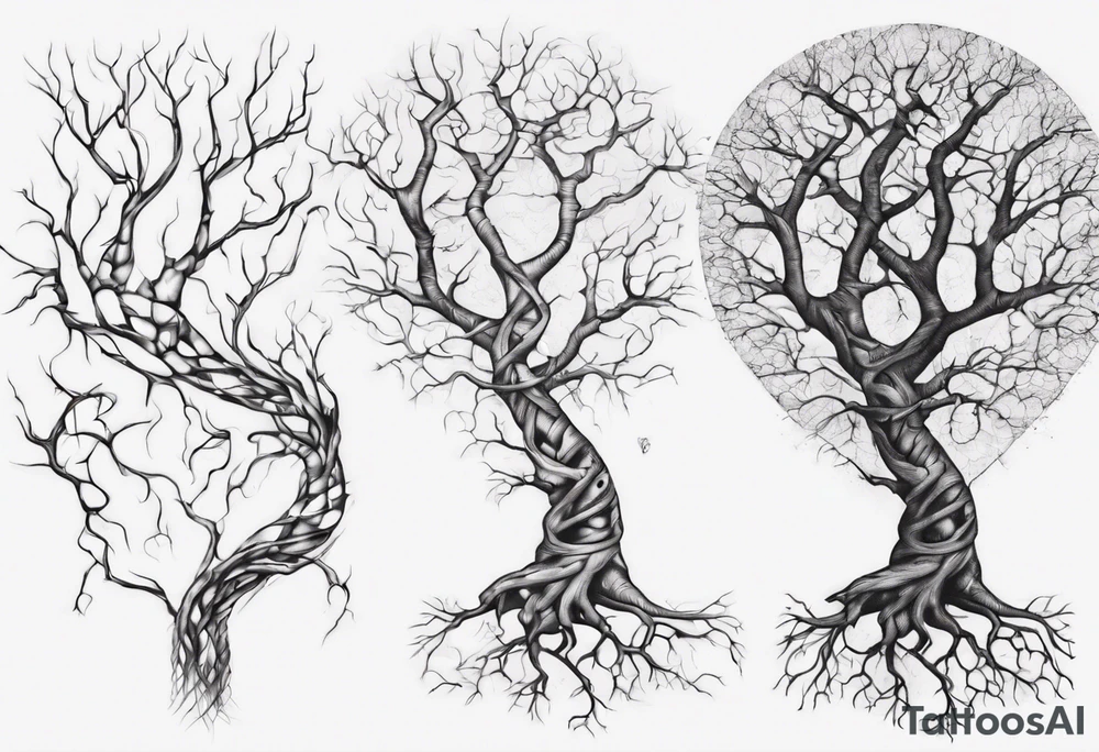 Tree with no leaves with it's main trunk main of DNA wends with a heart. Has serotonin structure on tree branch tattoo idea