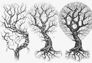 Tree with no leaves with it's main trunk main of DNA wends with a heart. Has serotonin structure on tree branch tattoo idea