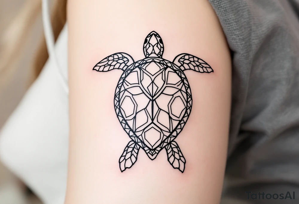 Minimalist fine-line sea turtle – A delicately outlined sea turtle in clean black ink, featuring simple, flowing lines with soft curve details on the shell and flippers. The shell is subtly patterned with geometric or mandala-style elements, creating a calm, elegant, and peaceful ocean-inspired design. tattoo idea