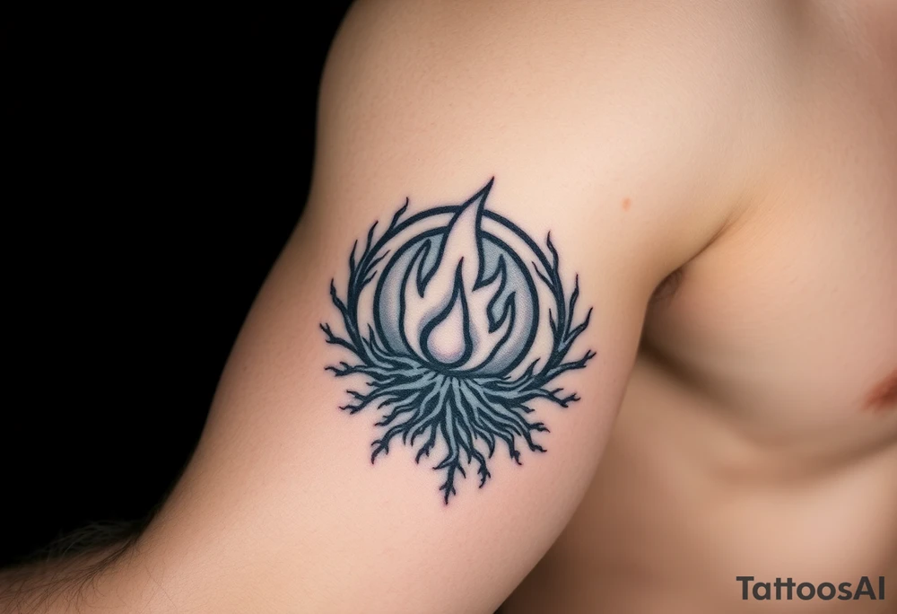 a round flame imprisoned in a roots circle tattoo idea