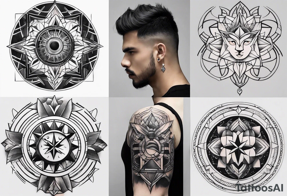 From left shoulder to forearm sleeve tattoo. Fine line geometric, concept design tattoo, ocean thunder fire , geometric and surrounds a previous tattoo of a watch on the tricep to biscep, include a chain at the top of the shoulder connected to the collar bone tattoo idea