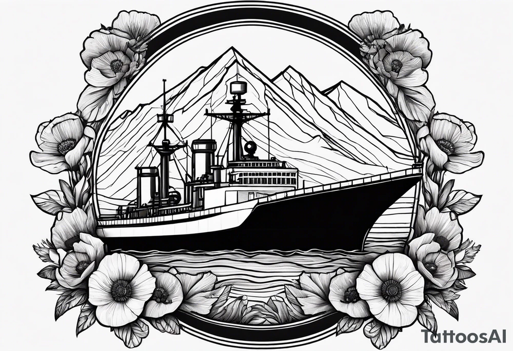 a small navy ship with mountains above it and poppy flowers below it tattoo idea