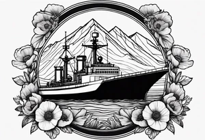 a small navy ship with mountains above it and poppy flowers below it tattoo idea