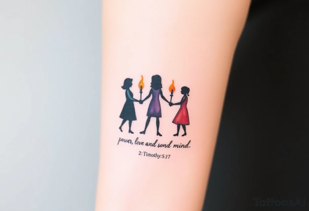 Silhouette of grandmother, mother and daughter passing a flame from oldest to youngest with the flame growing as it goes. Make the flame in watercolor motif and the silhouettes simple. Incorporate the words power, love and sound mind. Or 2 Timothy: 5-7 tattoo idea