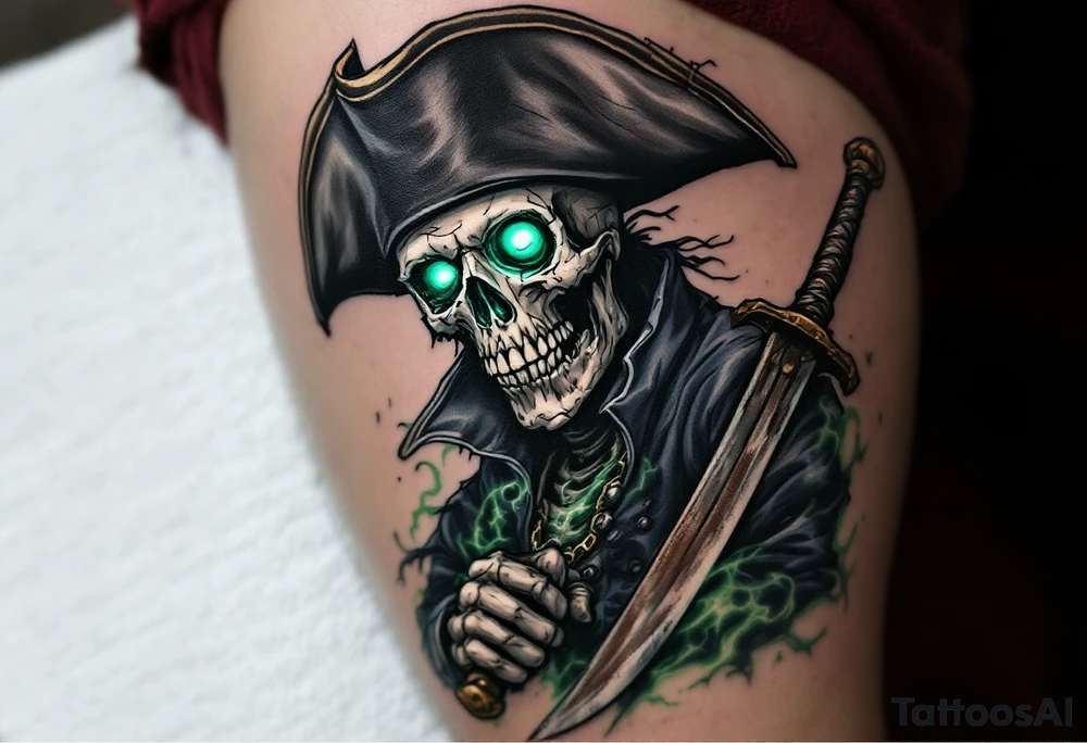 Ghost Captain’s Curse – A skeletal pirate captain with a tattered black tricorn hat and a rotting navy coat, gripping a rusty cutlass. His hollow eye sockets glow with an eerie mist, and a ghostly green aura swirls around him. tattoo idea