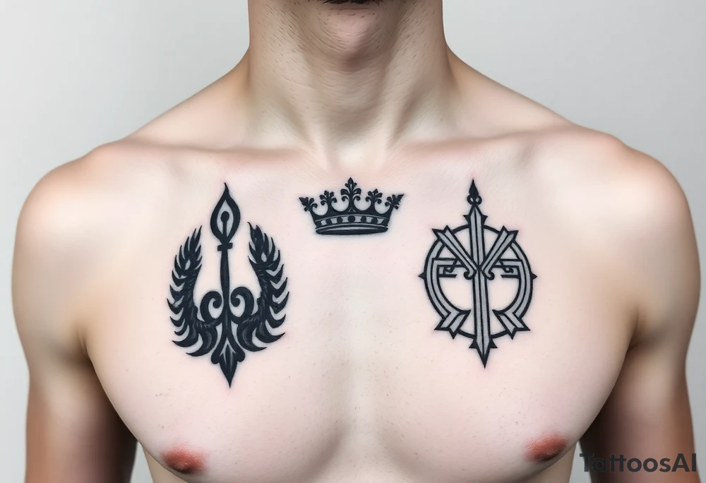 Chest tattoo, two laurier and icelandic symbols, dark brest tattoo, crown betwen laurier tattoo idea