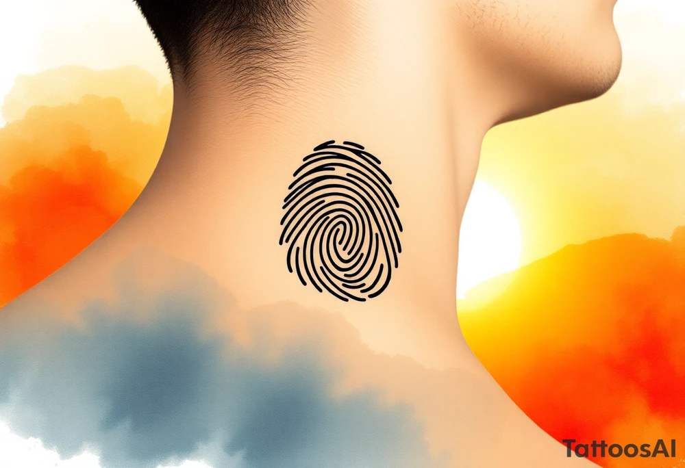 A negative space fingerprint on a watercolor background in warm sunset hues, symbolizing love’s warmth and radiance. tattoo idea