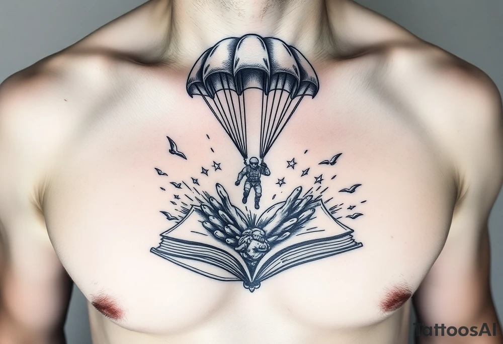 A parachuting soldier landing into an open book. Chaos surrounding, but the book is protecting the soldier from it. On the chest. Make it smaller. Thought provoking tattoo idea
