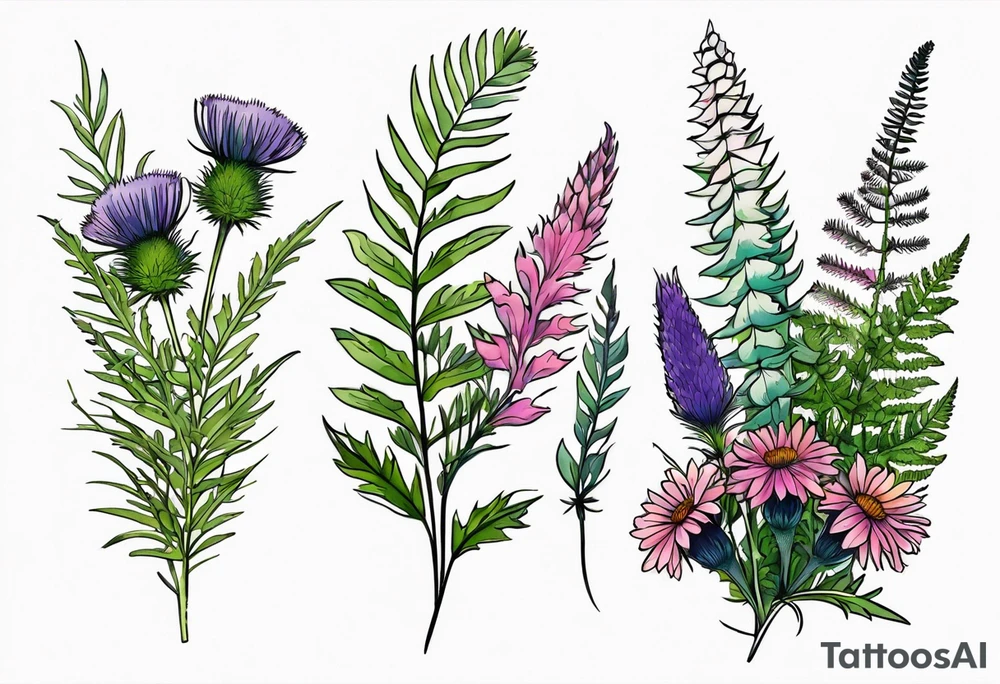 small vertical mixed wildflower bouquet with ferns, thistle and with color tattoo idea