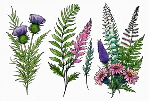 small vertical mixed wildflower bouquet with ferns, thistle and with color tattoo idea