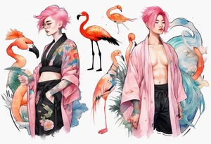 an androgynous person with pink hair and a rainbow robe standing next to a flamingo and a koi tattoo idea