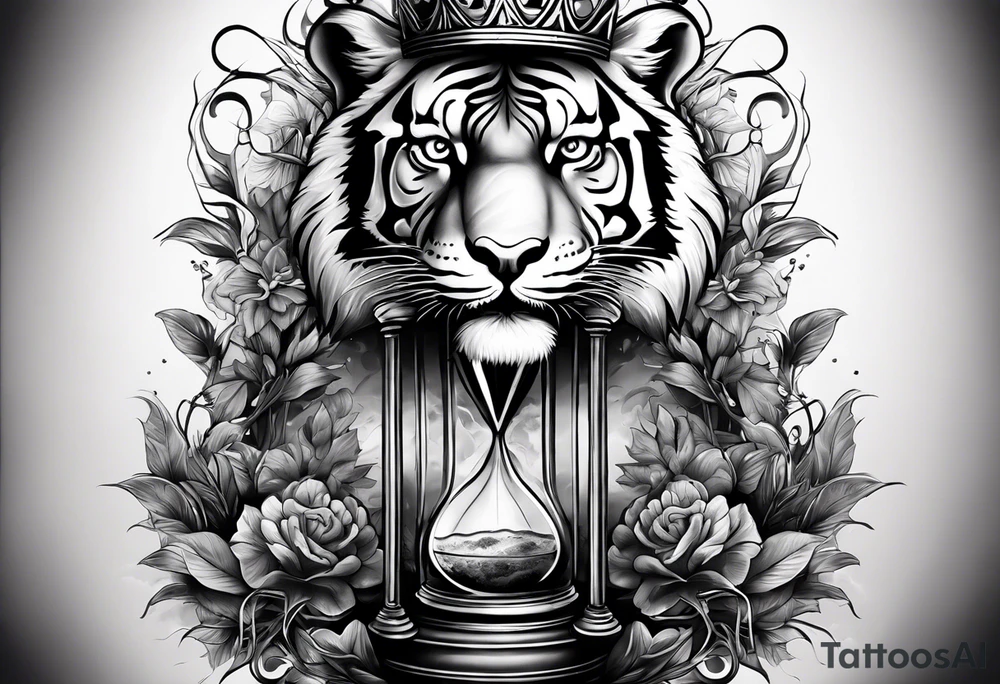 A tiger with a crown on the top with a third eye hourglass with a brain inside of the hourglass, covered in clouds, on the bottom of the hourglass, a heart covered in grass, a full detailed arm sleeve tattoo idea