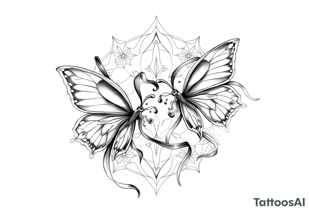 ethereal butterflies with flowing silk ribbons in geometric mandala tattoo idea