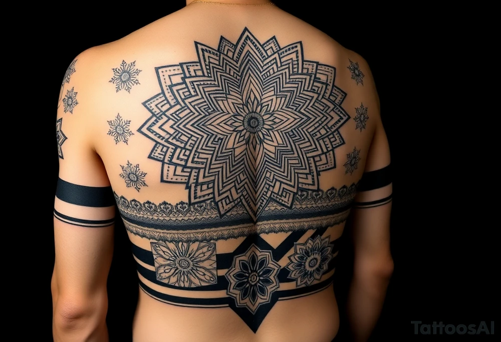 Blackwork geometric full body tattoo design on a male body, 
large-scale ornamental patterns, different geometric fill patterns 
in each body zone, massive black areas with fine geometric cutouts, 
central mandala on back, spiral black bands wrapping around thighs, 
dotwork floral star patterns alternating with 3D cube hexagon patterns, 
diagonal black dividing bands, organic transitions between zones, 
no horizontal stripes, no gradients, pure black ink on skin tone, 
high contrast, professional tattoo photography, dark studio background, 
photorealistic tattoo idea