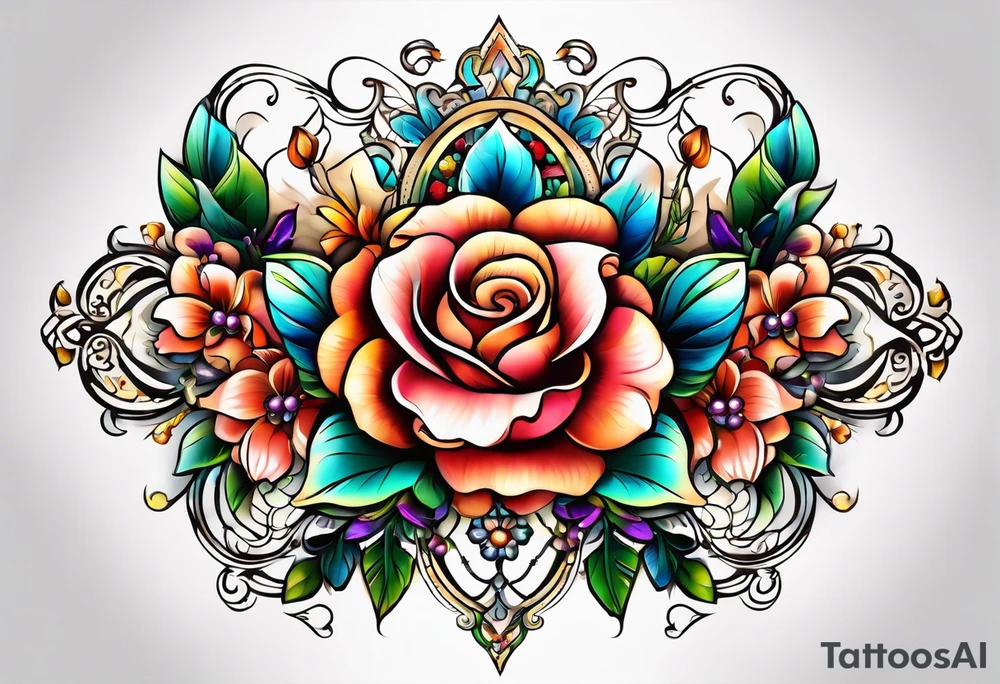 Floral leg piece with beading and lace tattoo idea. colorful, old school flowers, highly detailed, florals. white background. beautiful hourglass at the center, intricate highly detailed, tattoo idea