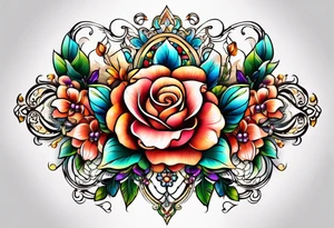 Floral leg piece with beading and lace tattoo idea. colorful, old school flowers, highly detailed, florals. white background. beautiful hourglass at the center, intricate highly detailed, tattoo idea