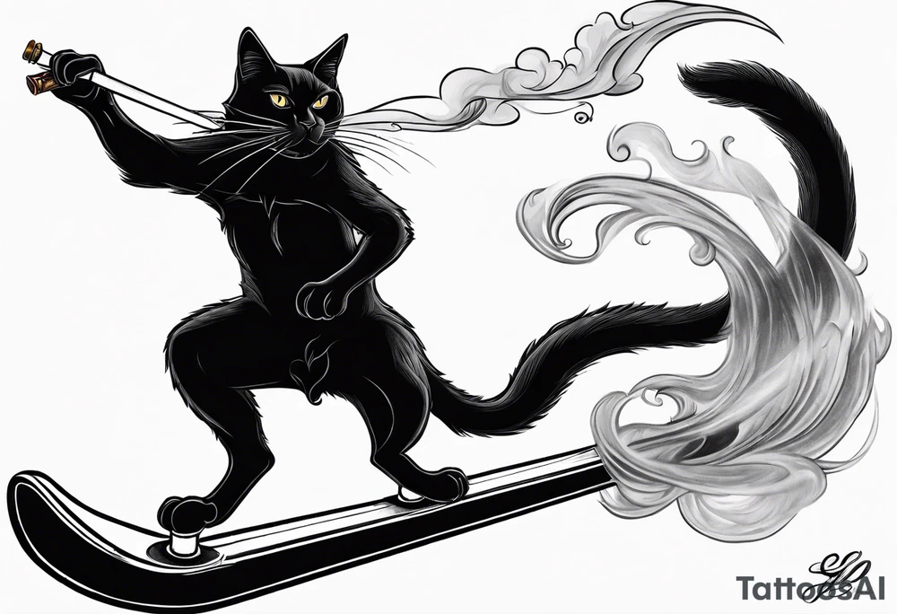 A black cat doing a kickflip while smoking a joint. tattoo idea