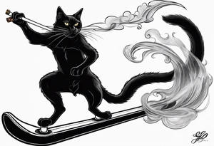 A black cat doing a kickflip while smoking a joint. tattoo idea