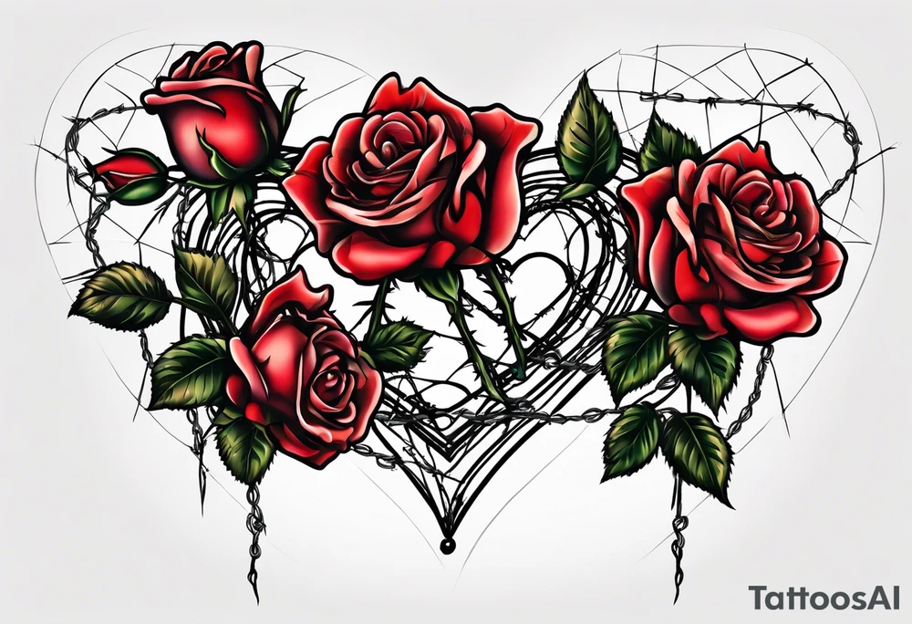 Three roses with barbed wire wrapped around them and a broken heart tattoo idea