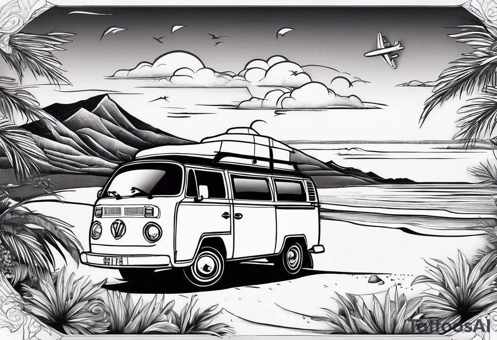 Beach with hills behind a rugby ball, champagne bottle, book on the beach, a plane in the sky and a campervan on the beach tattoo idea